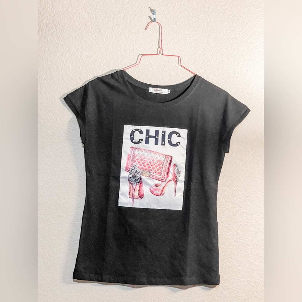 CHIC Graphic Tee for woman  - Black with Pink Accent